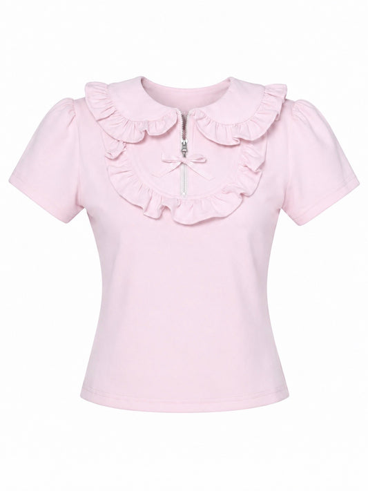 petit frill ribbon zip polo(pink)
