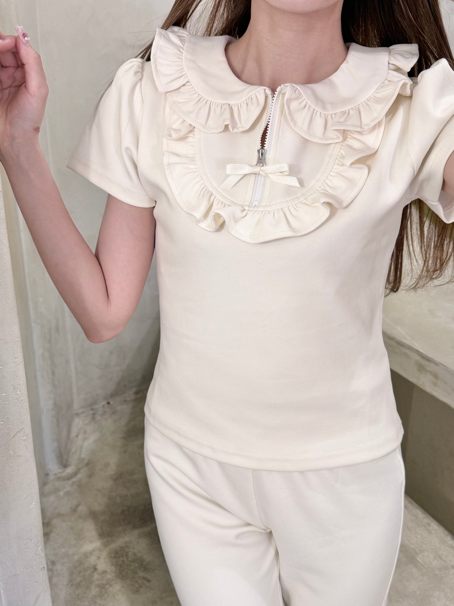 petit frill ribbon zip polo(ivory)